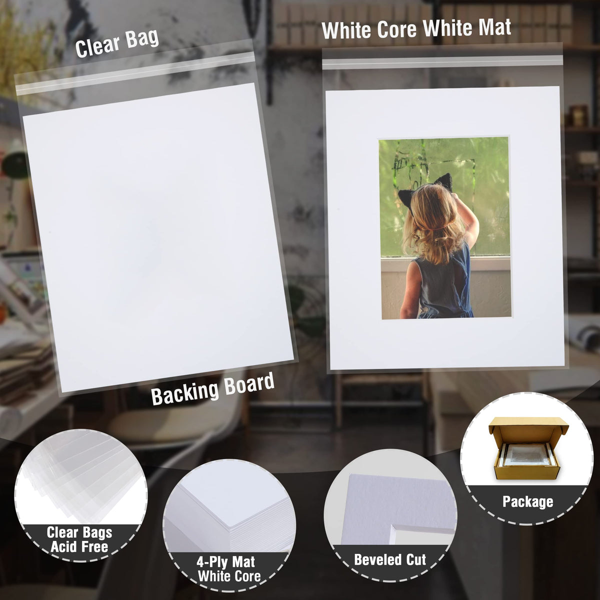 Falling in Art white backing board supports artwork with reliable rigidity.