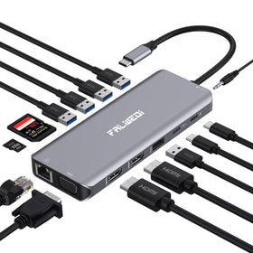 FALWEDI docking station front view showing all 14 ports for versatile connectivity