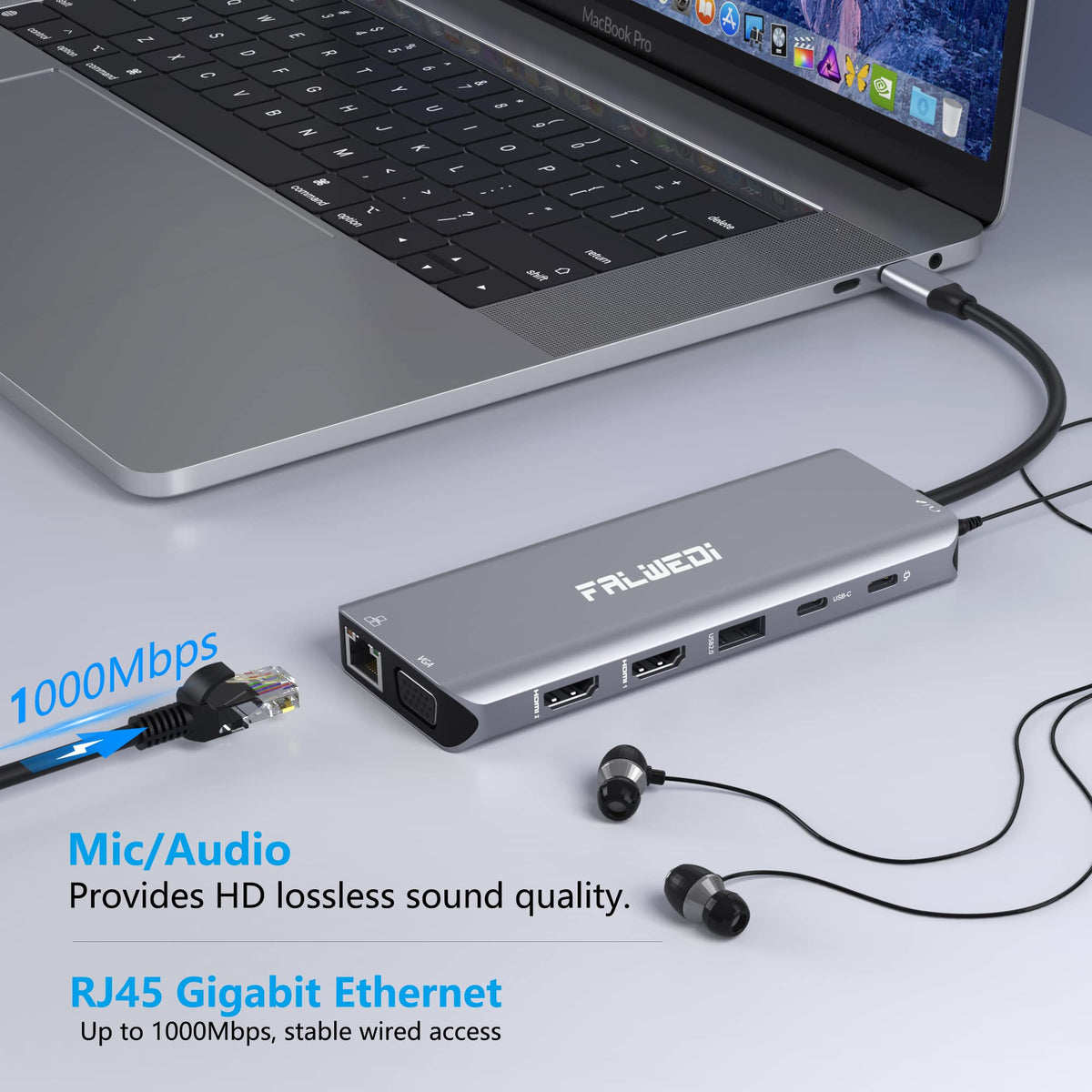 FALWEDI on a desk next to laptop and accessories for tidy single-cable setup