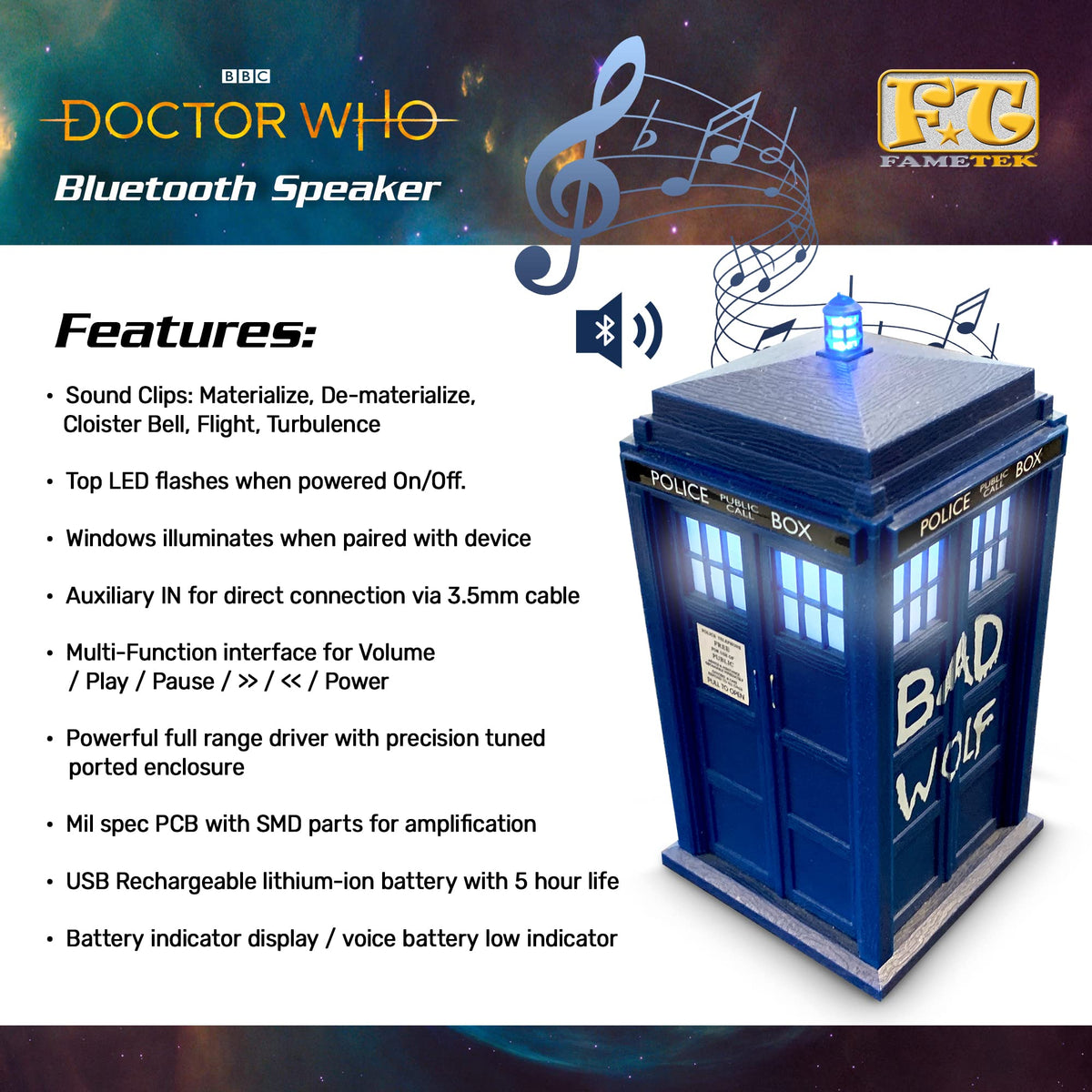 FAMETEK TARDIS top lamp lit, highlighting licensed visual effect