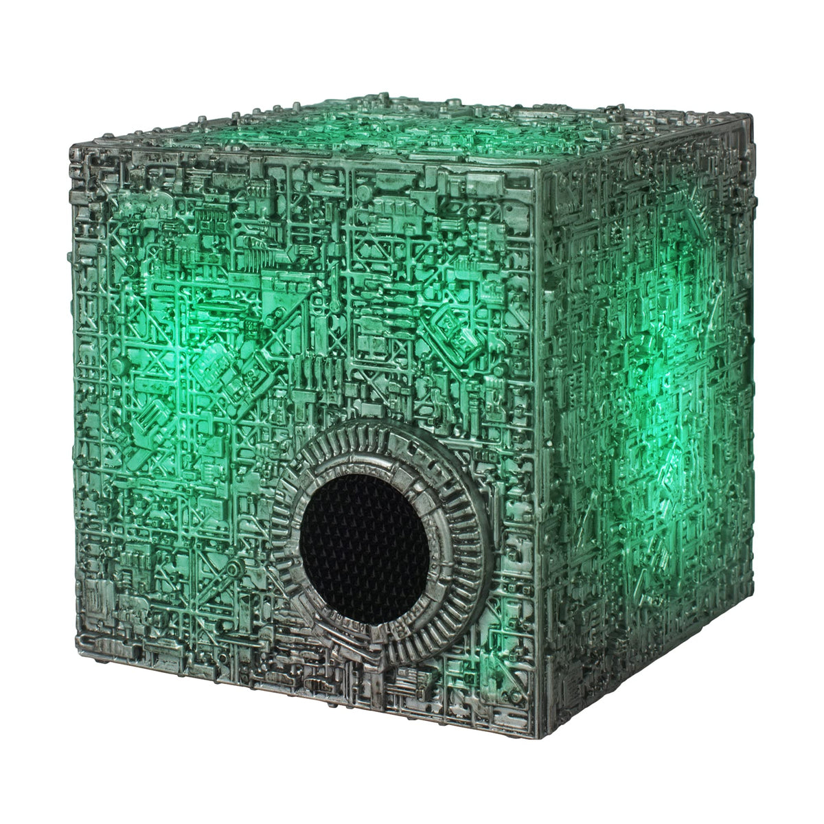 FAMETEK Borg Cube with green LED illumination for ambient lighting.