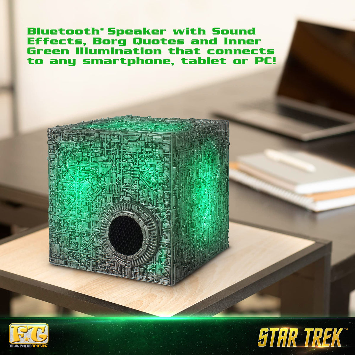 FAMETEK Borg Cube displays iconic Borg quotes during playback.
