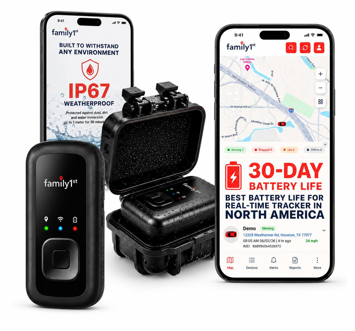 Family1st GPS tracker compact for real-time vehicle location updates.