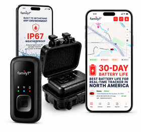 Family1st GPS tracker compact for real-time vehicle location updates.