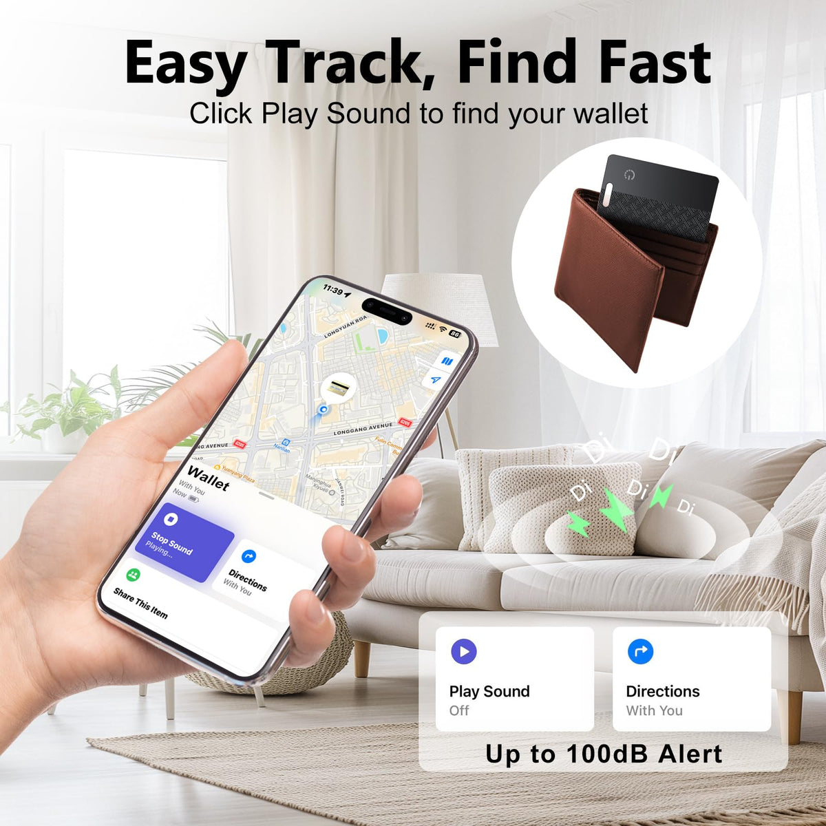 FAMOO Ultra-Thin Wallet Tracker Card fits slimly in any wallet like a regular card.