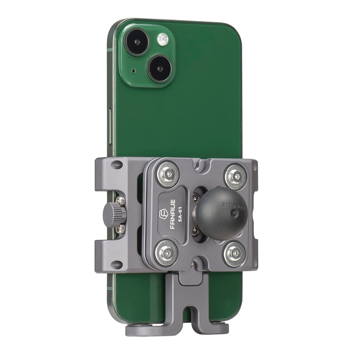 FANAUE front view of mounted phone holder showing secure grip and visibility