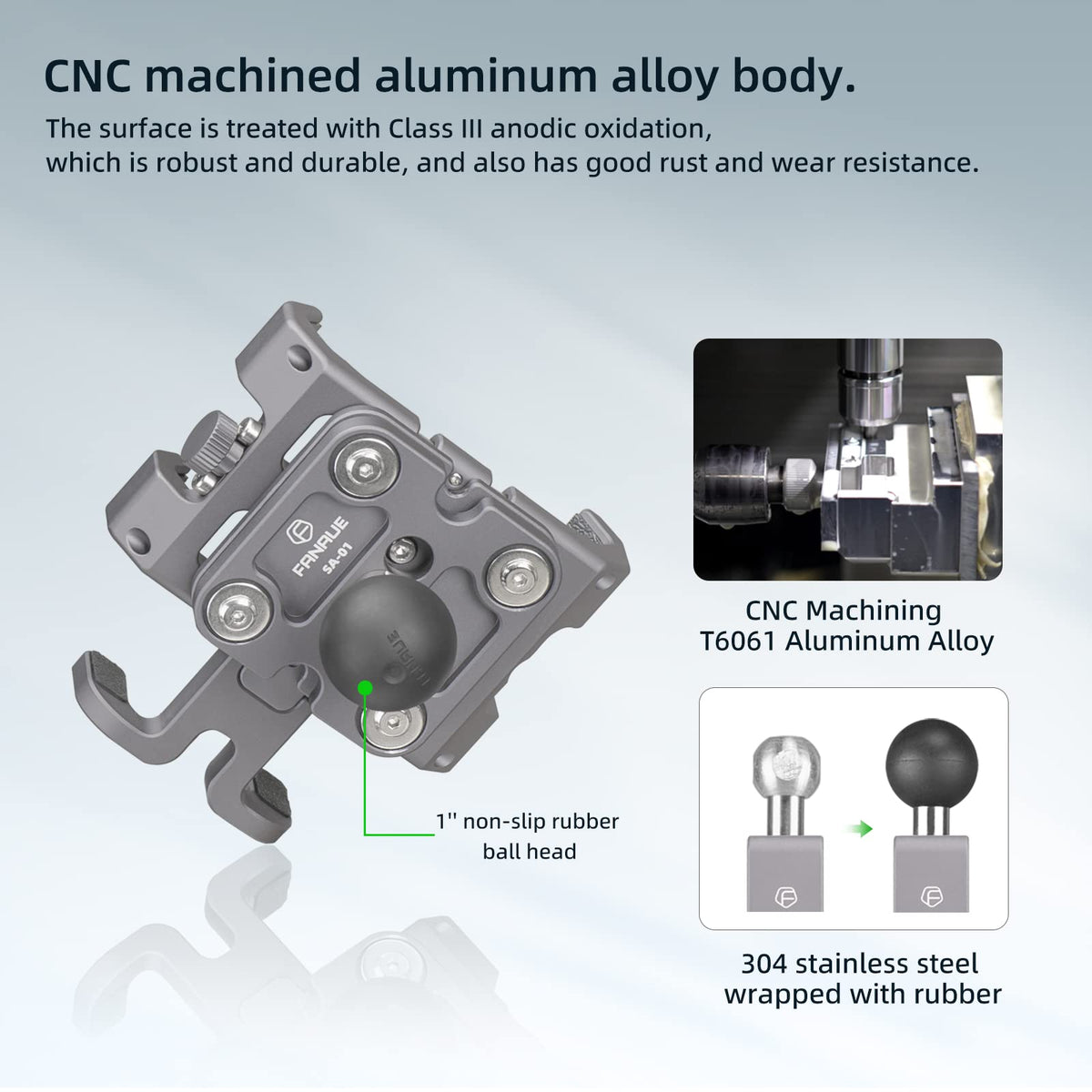 FANAUE anodized aluminum finish detail showing durable corrosion-resistant surface