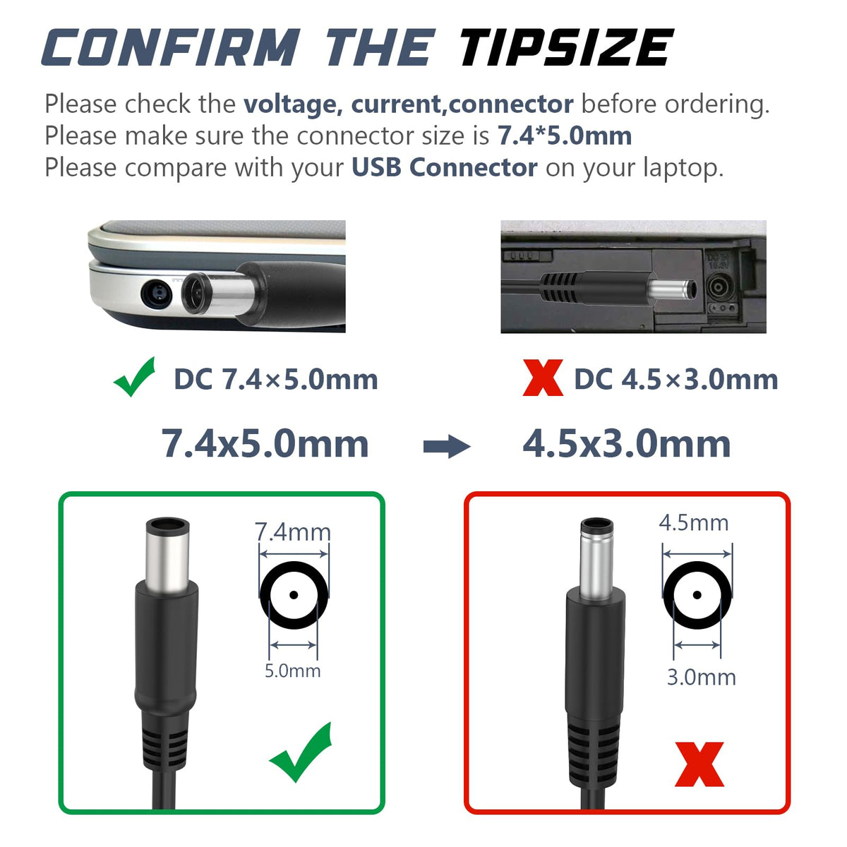 Fancy Buying close-up of 7.4x5.0mm plug tip ensuring correct fit benefit
