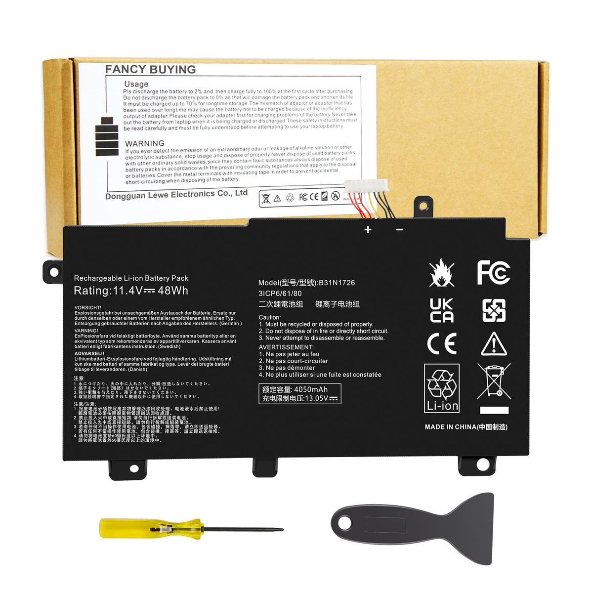 Fancy Buying front view of B31N1726 battery showing form and fit for Asus, ensures correct replacement