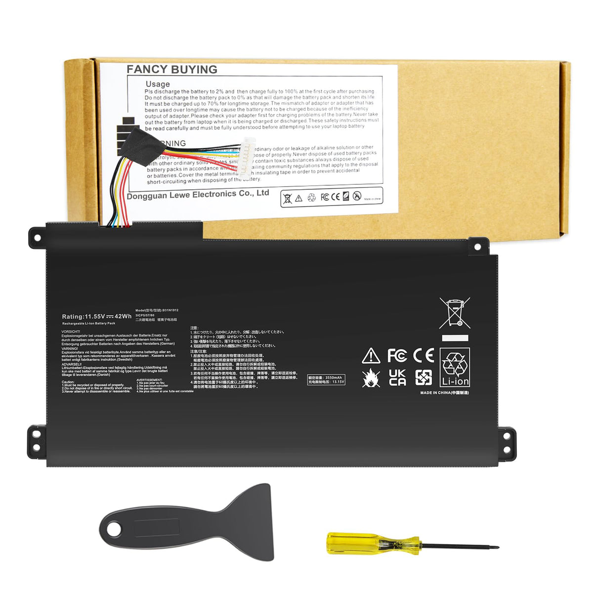 Fancy Buying battery front view showing slim black pack and model label, restores power