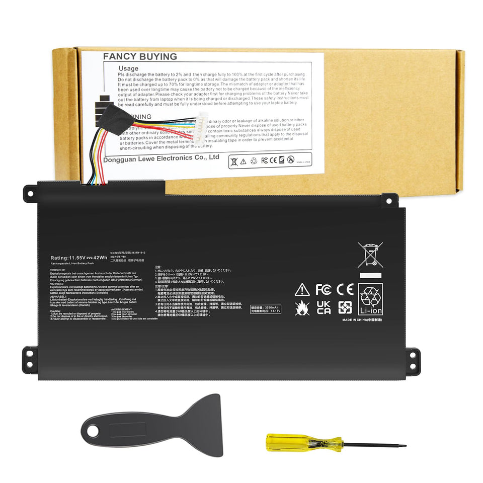 Fancy Buying battery front view showing slim black pack and model label, restores power