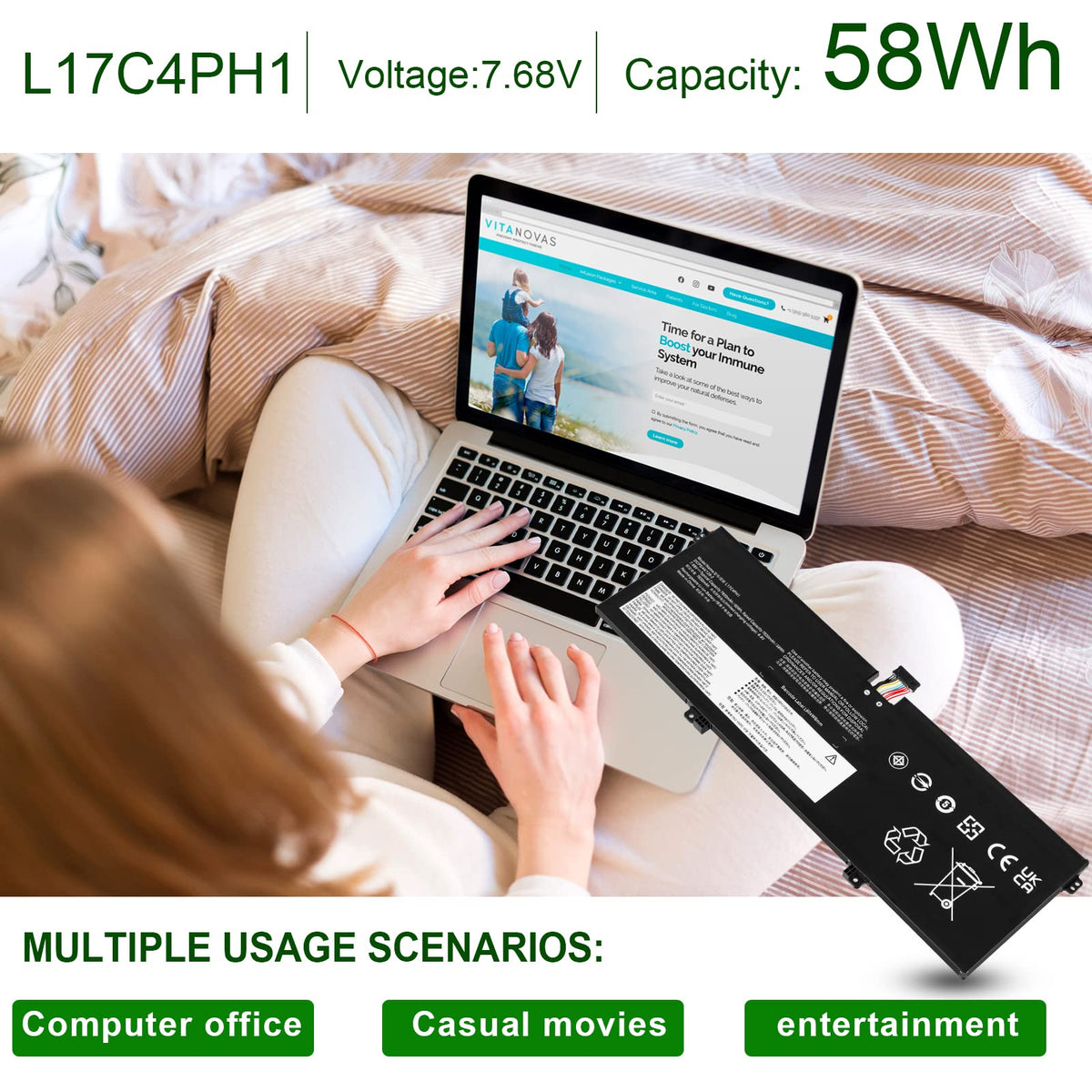Fancy Buying battery sticker with 60Wh capacity shown for reliable runtime benefit