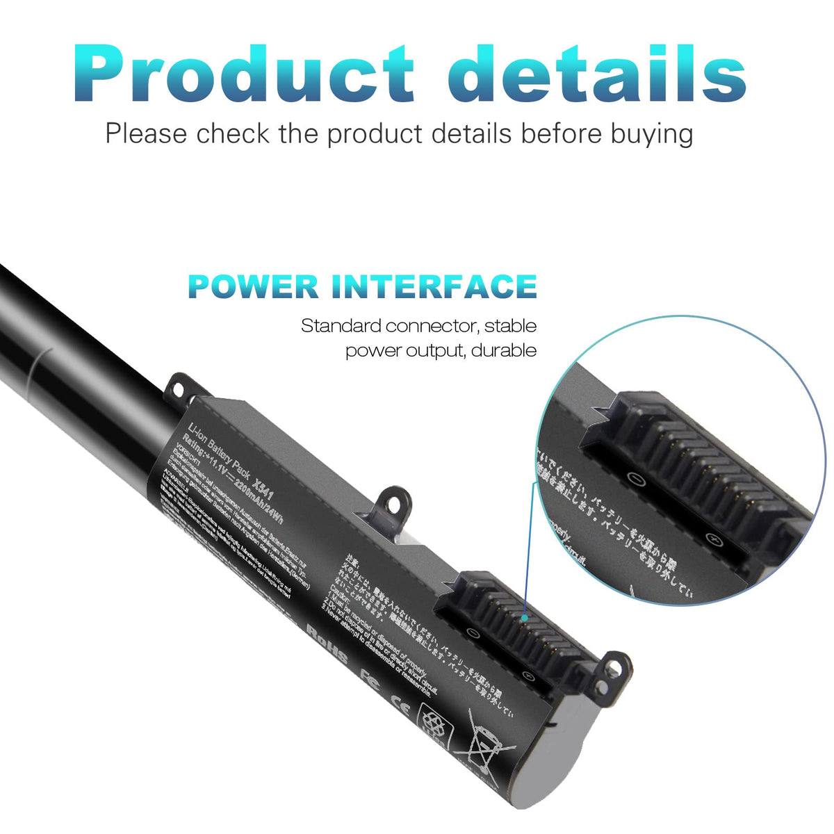 Fancy Buying connector and pinout detail highlighting accurate fit for Asus models