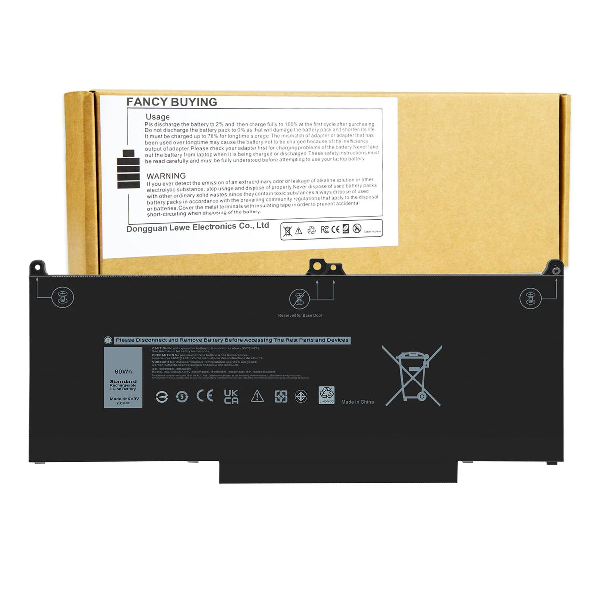 Fancy Buying battery front label showing model and secure fit benefit
