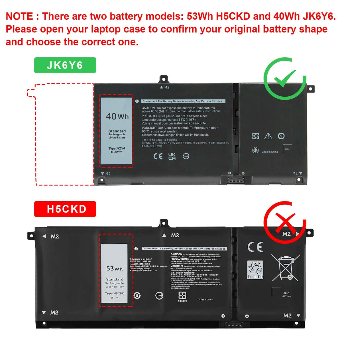 Fancy Buying battery label close-up JK6Y6 H5CKD showing model and safety info