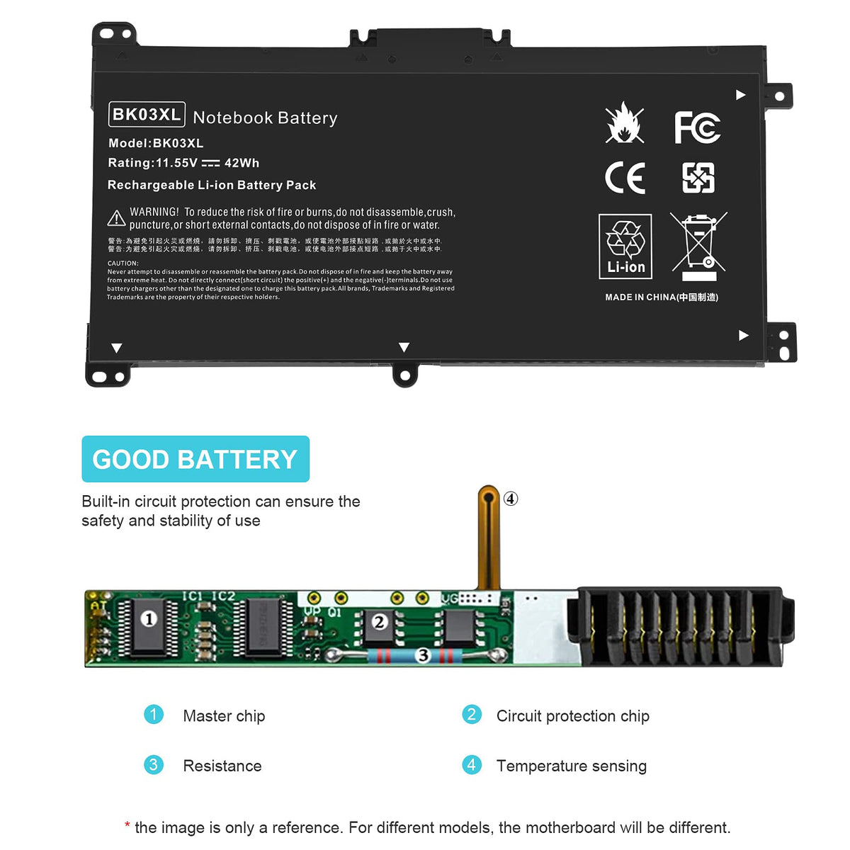 Fancy Buying BK03XL safety circuit board detail highlighting overcharge protection