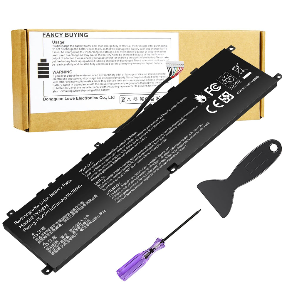 Fancy Buying BTY-M6M battery close-up shows high-capacity cells for MSI GS66 Stealth