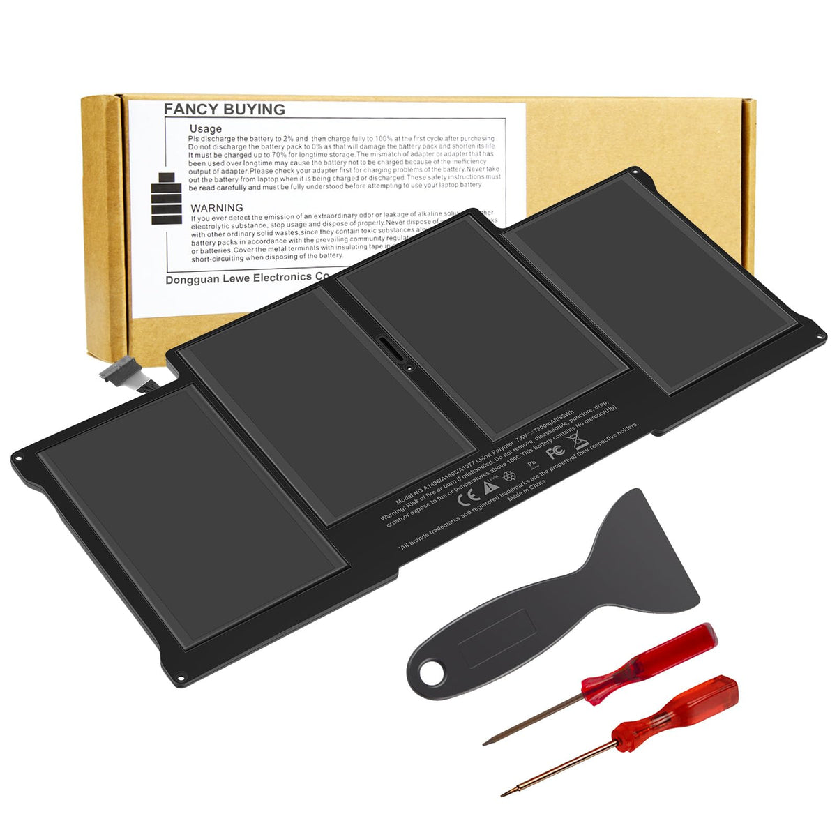 Fancy Buying front packaging showing replacement battery and included tools for easy installation