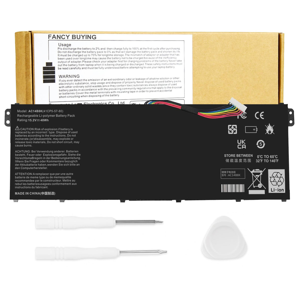 Fancy Buying front packaging of AC14B8K battery showing product and benefit of easy swap