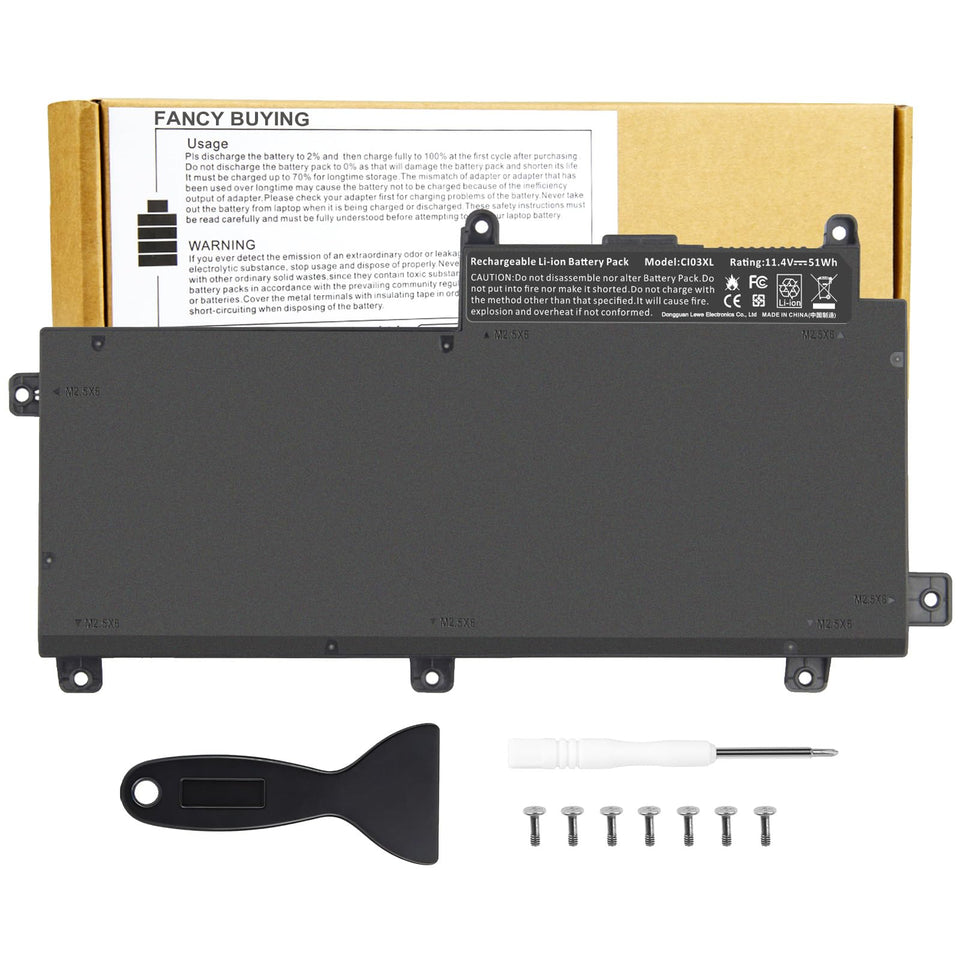 Fancy Buying front packaging showing CI03 battery and benefits