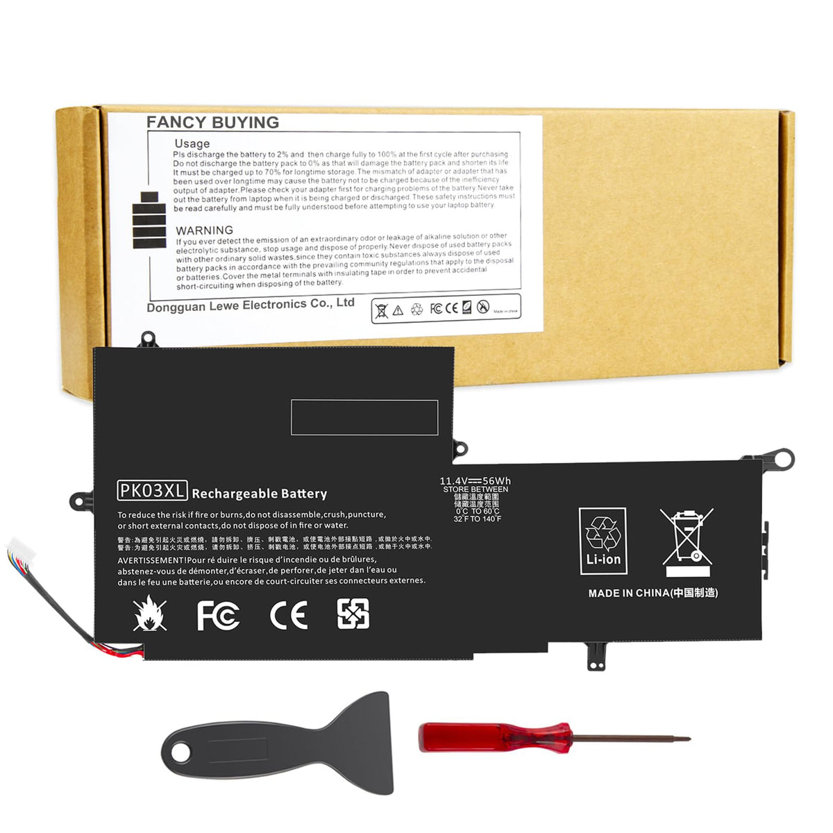 Fancy Buying front view of PK03XL battery shows model and fast power benefit