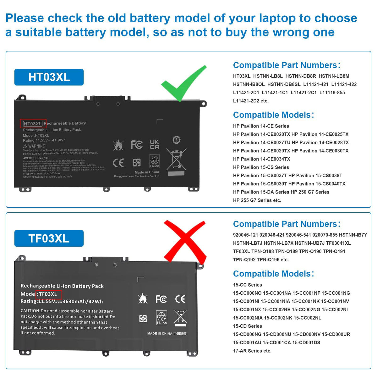Fancy Buying HT03XL battery label details, 3-cell polymer power pack for HP compatibility.
