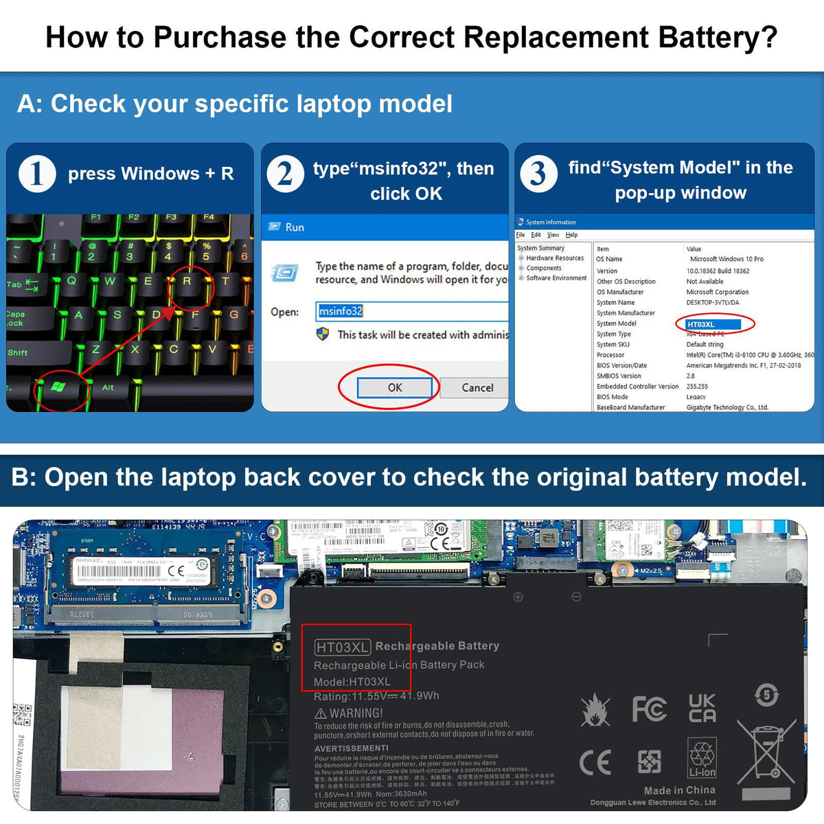 Fancy Buying HT03XL battery side view, connectors for HP Pavilion models.