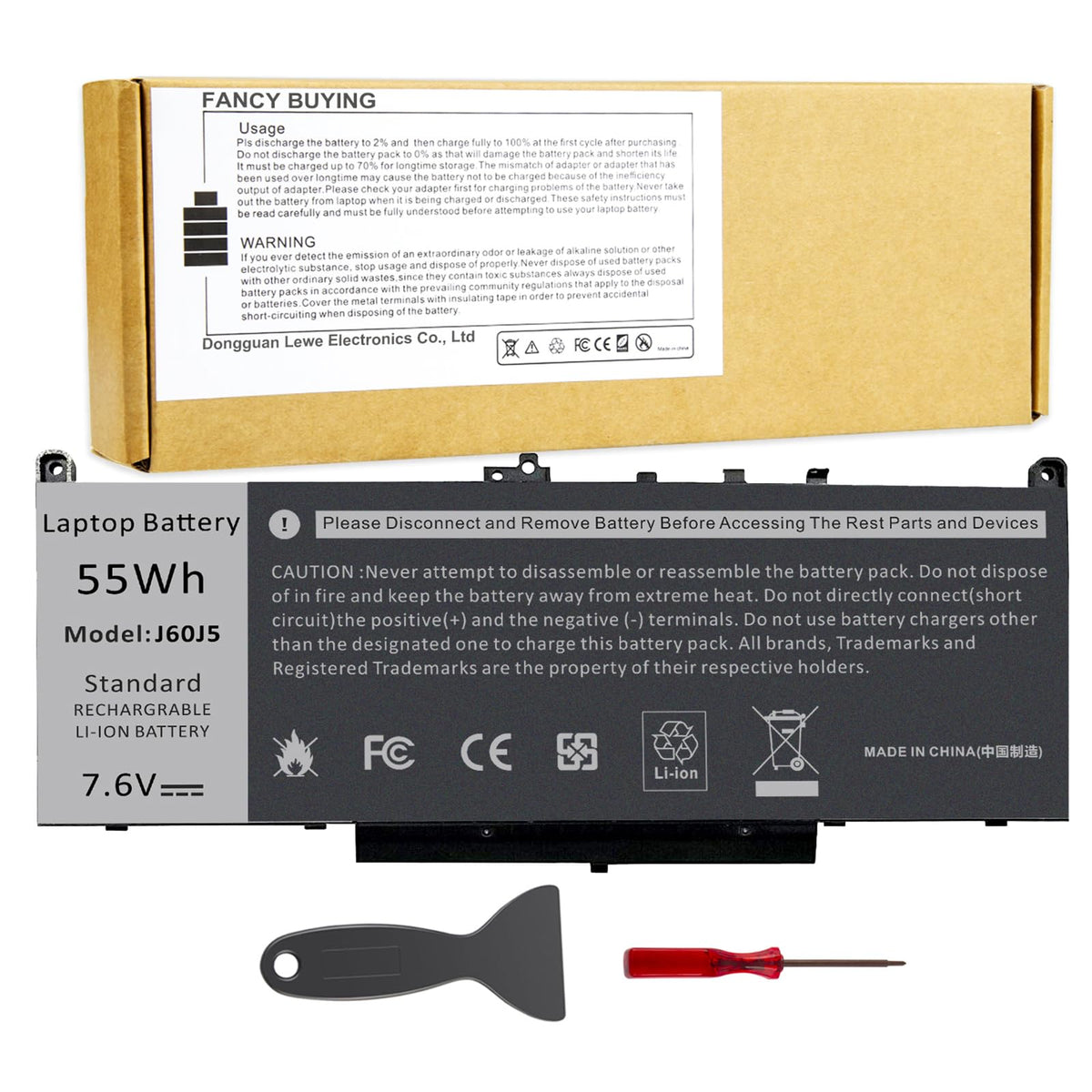 Fancy Buying front packaging view showing battery and clear compatibility benefits