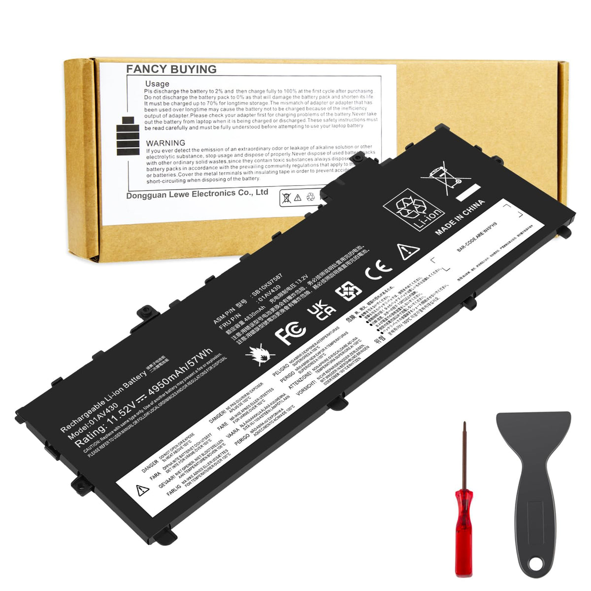 Fancy Buying battery front view showing model and clean design benefit
