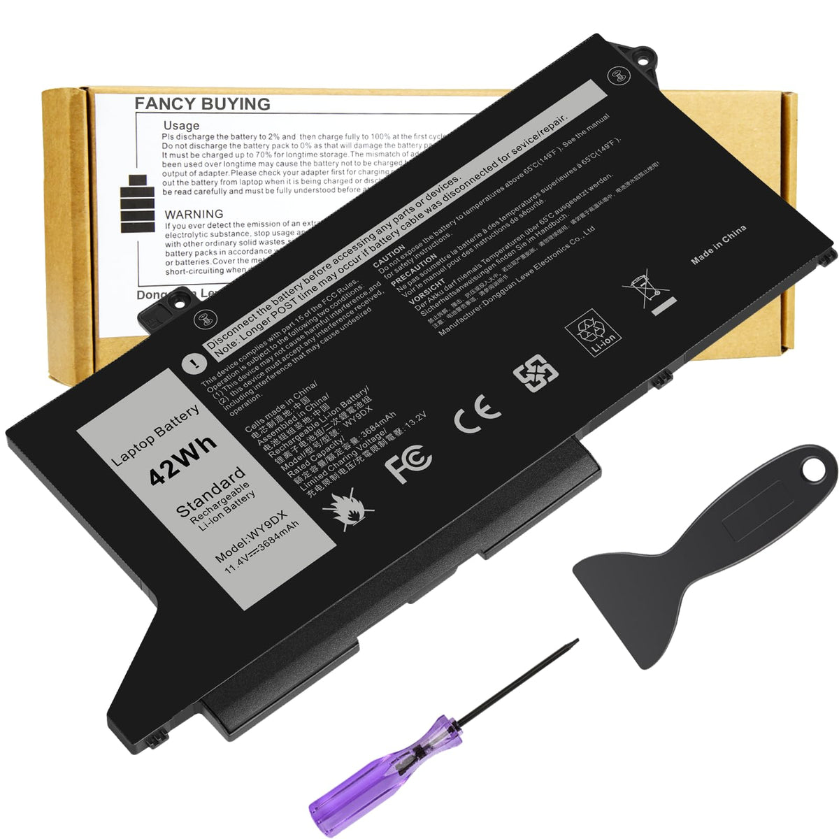 Fancy Buying front view of battery showing shape and fit for Dell laptops, restores runtime