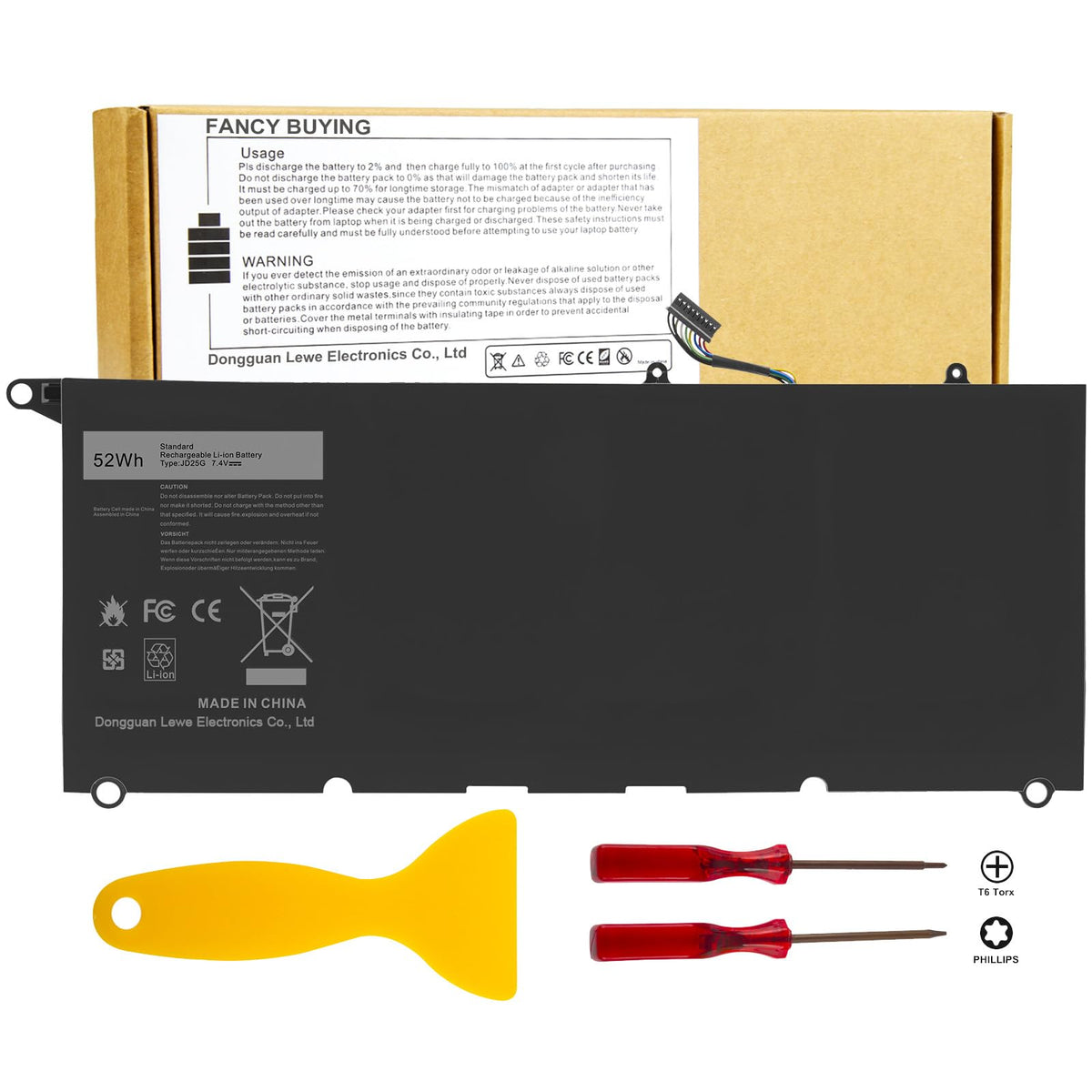 Fancy Buying front packaging showing battery and tools, assures correct replacement