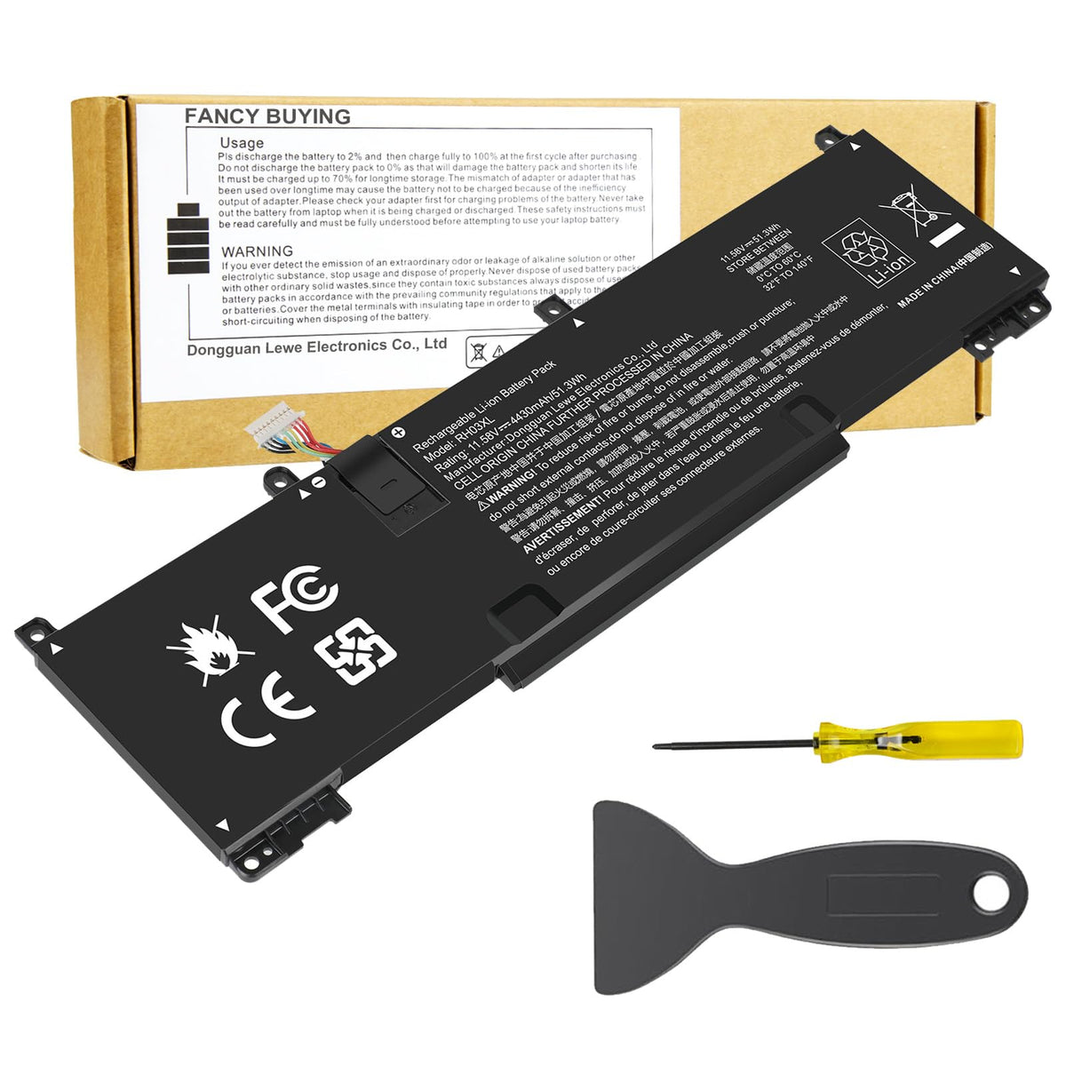 Fancy Buying front view of RH03XL battery showing model and benefit: quick swap