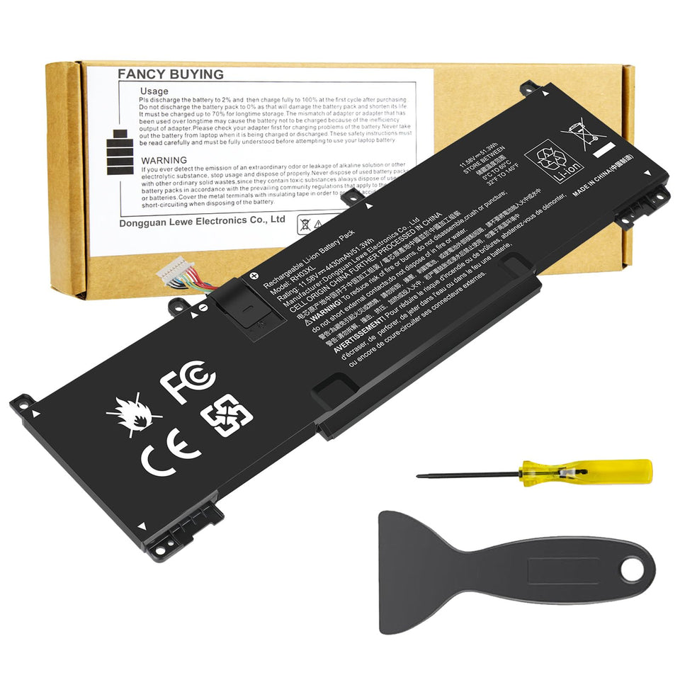 Fancy Buying front view of RH03XL battery showing model and benefit: quick swap