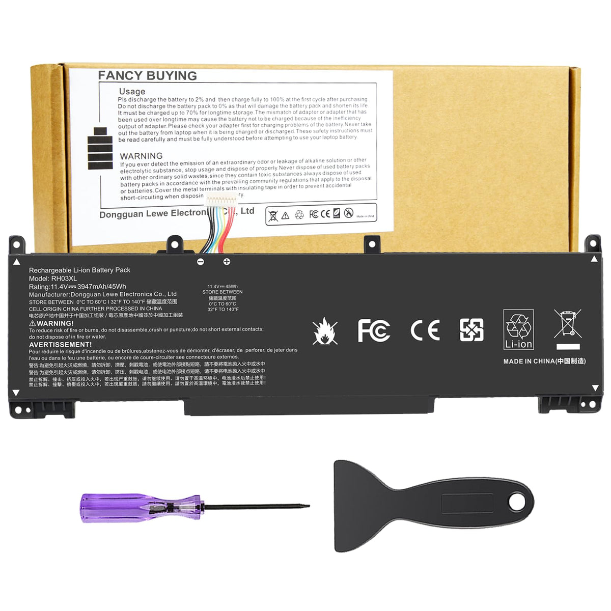Fancy Buying front packaging showing RH03XL battery and benefit of reliable power