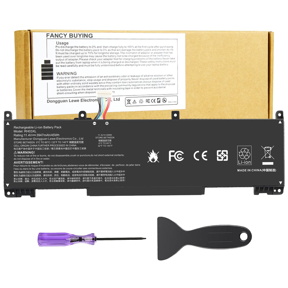 Fancy Buying front packaging showing RH03XL battery and benefit of reliable power