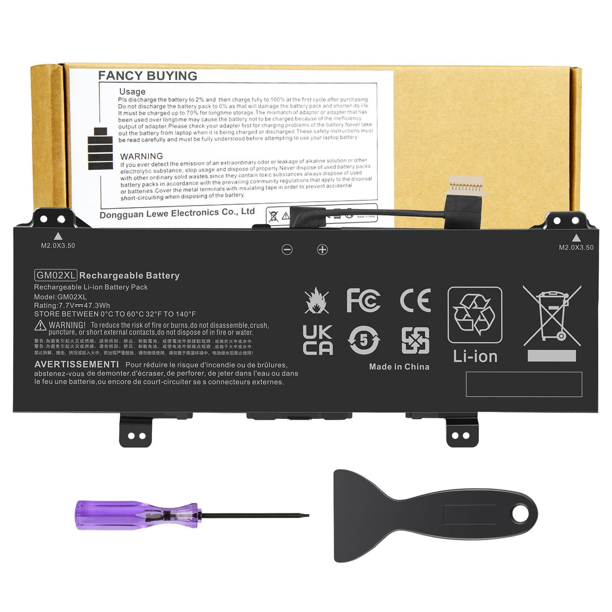 Fancy Buying battery front packaging showing compatibility and benefits