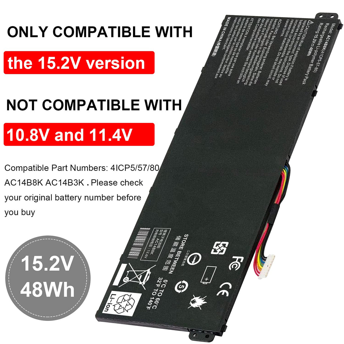 Fancy Buying label and specs view showing 15.2V and 48Wh for confident compatibility