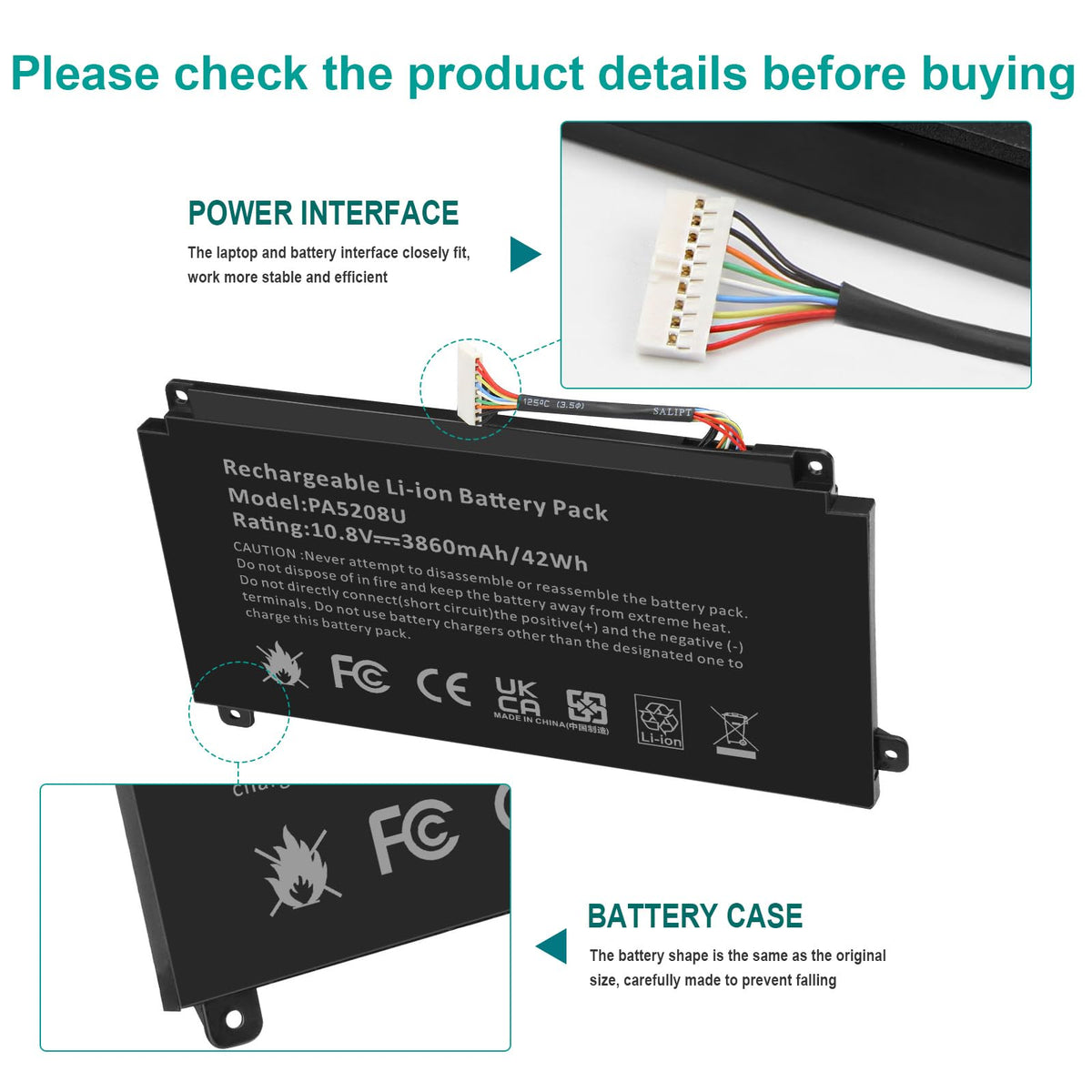 Fancy Buying PA5208U label close-up displaying voltage and capacity for easy verification