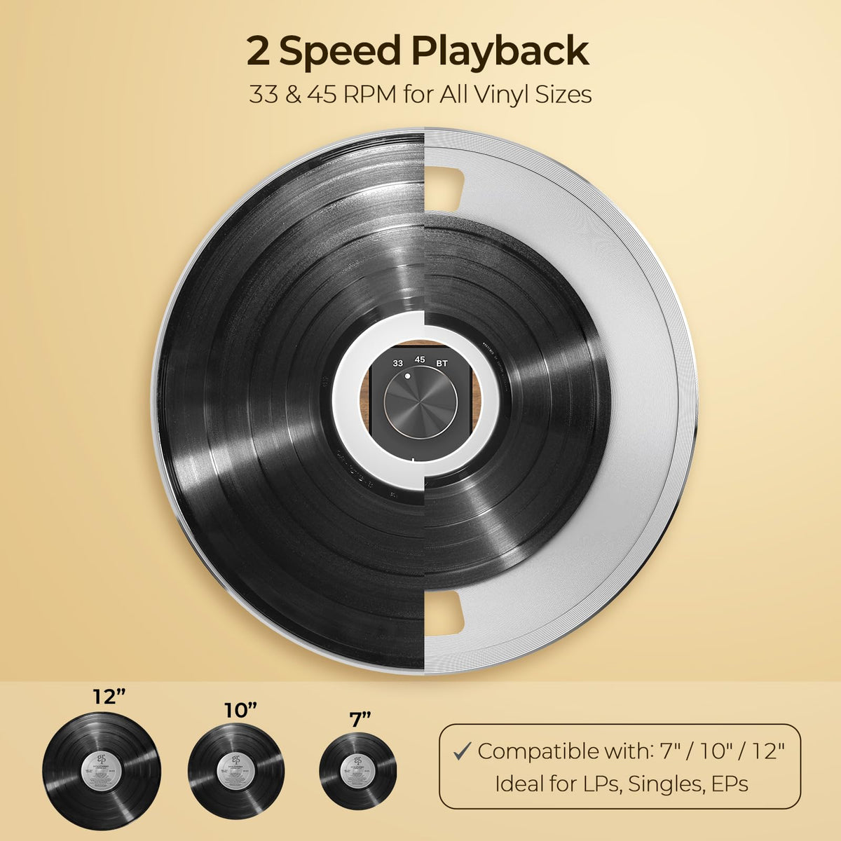33/45 RPM selector showing versatile speed options for vinyl enthusiasts.