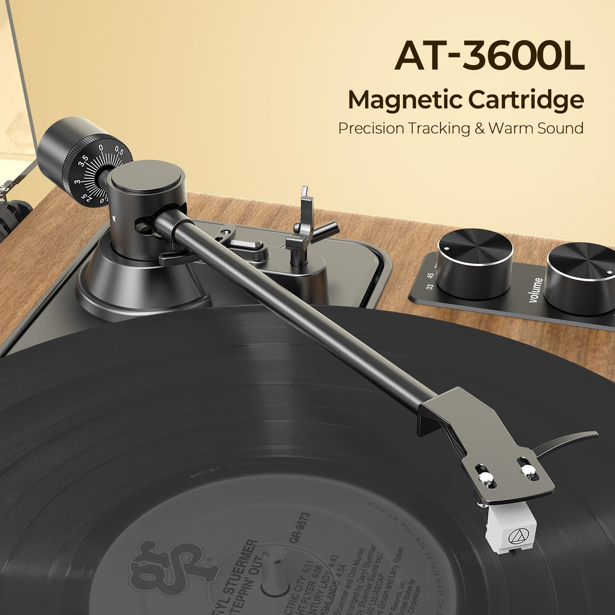 Close-up of FancyRabbit AT3600L cartridge for precise vinyl tracking and clean tone.