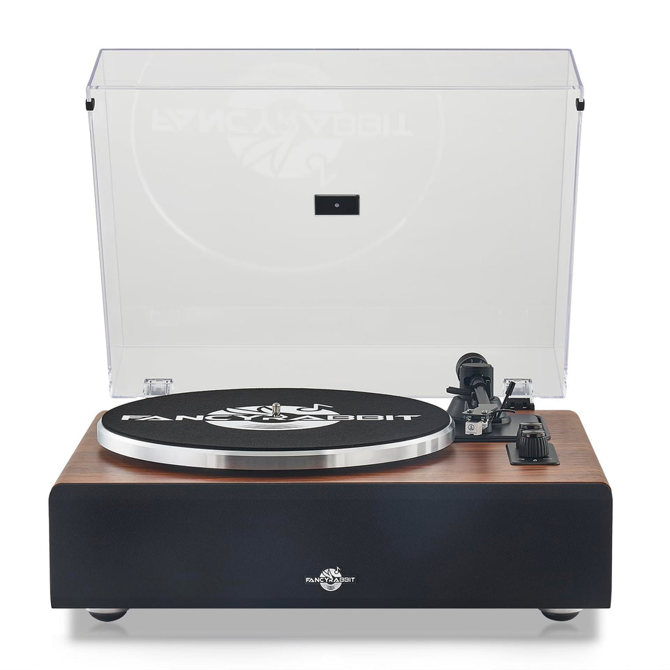 FancyRabbit Bluetooth record player with speakers for 7-10-12 inch vinyl playback.