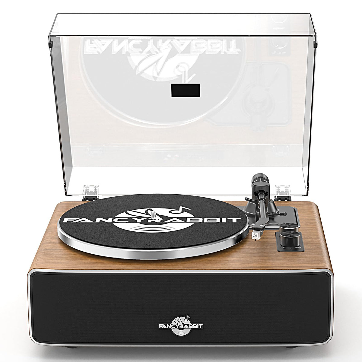 FancyRabbit high-fidelity record player with built-in speakers delivering rich, room-filling sound.