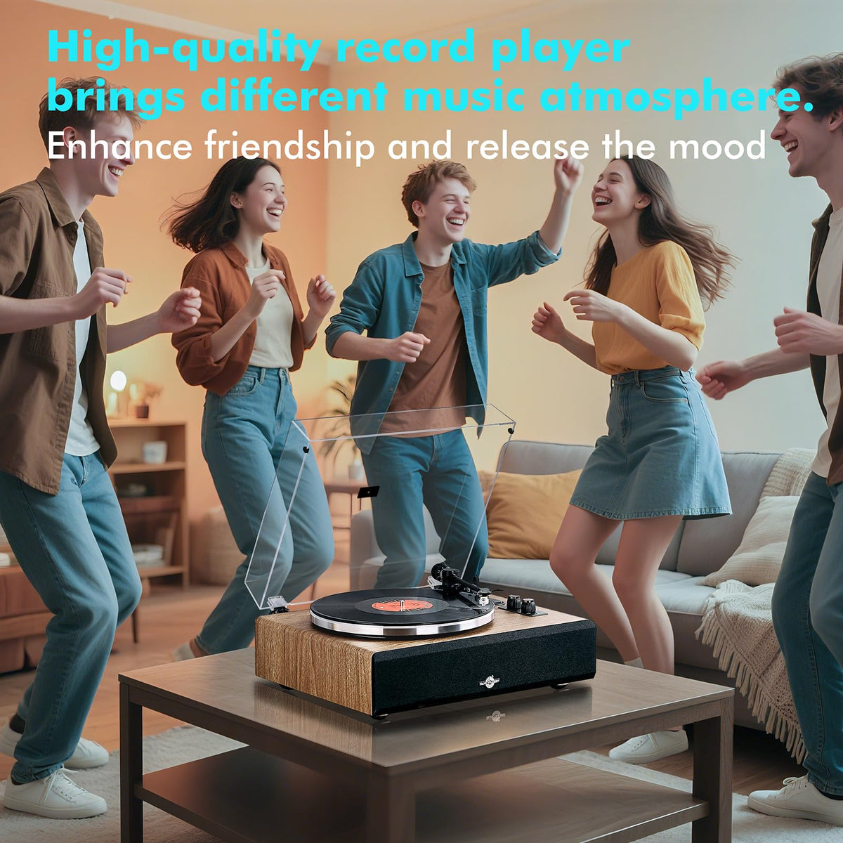 FancyRabbit record player shown in a cozy home entertainment setup.