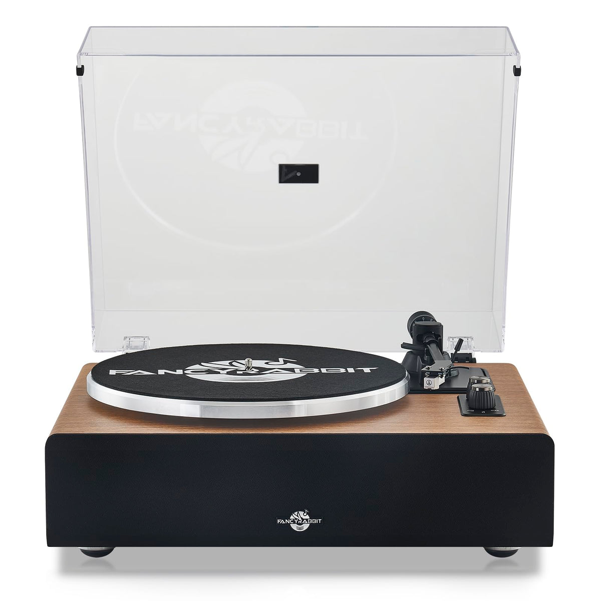 FancyRabbit walnut record player with built-in speakers for instant listening.