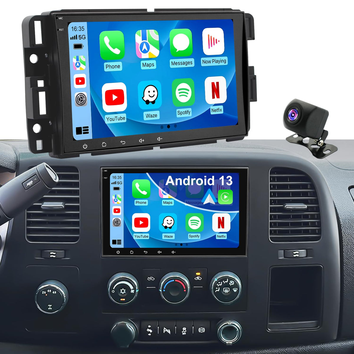 Fancywind 8-inch CarPlay unit for GM models, crisp dashboard display for easy use.