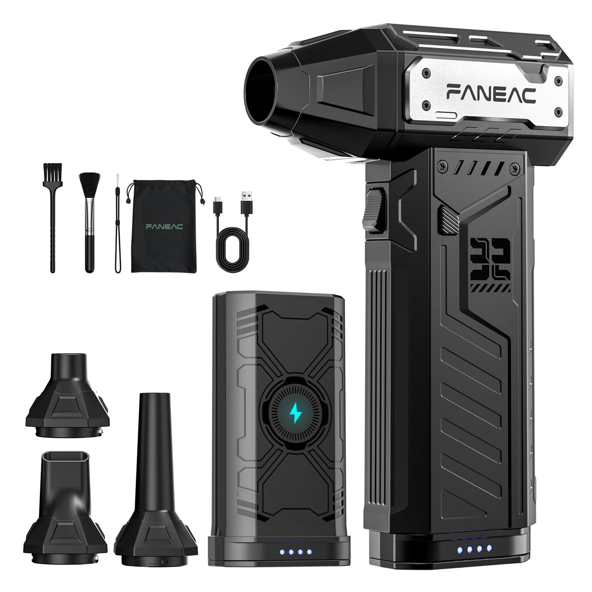 FANEAC compressed air duster with dual swappable batteries for uninterrupted cleaning.