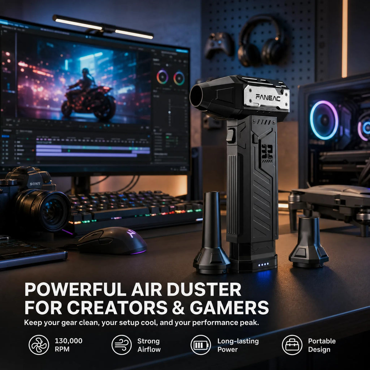 FANEAC duster offers three speed settings for tailored cleaning.