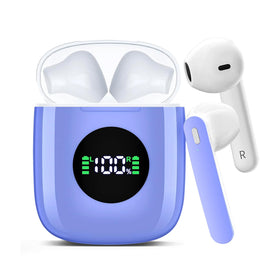 Fangflower wireless earbuds in blue case shown for portable charging on the go