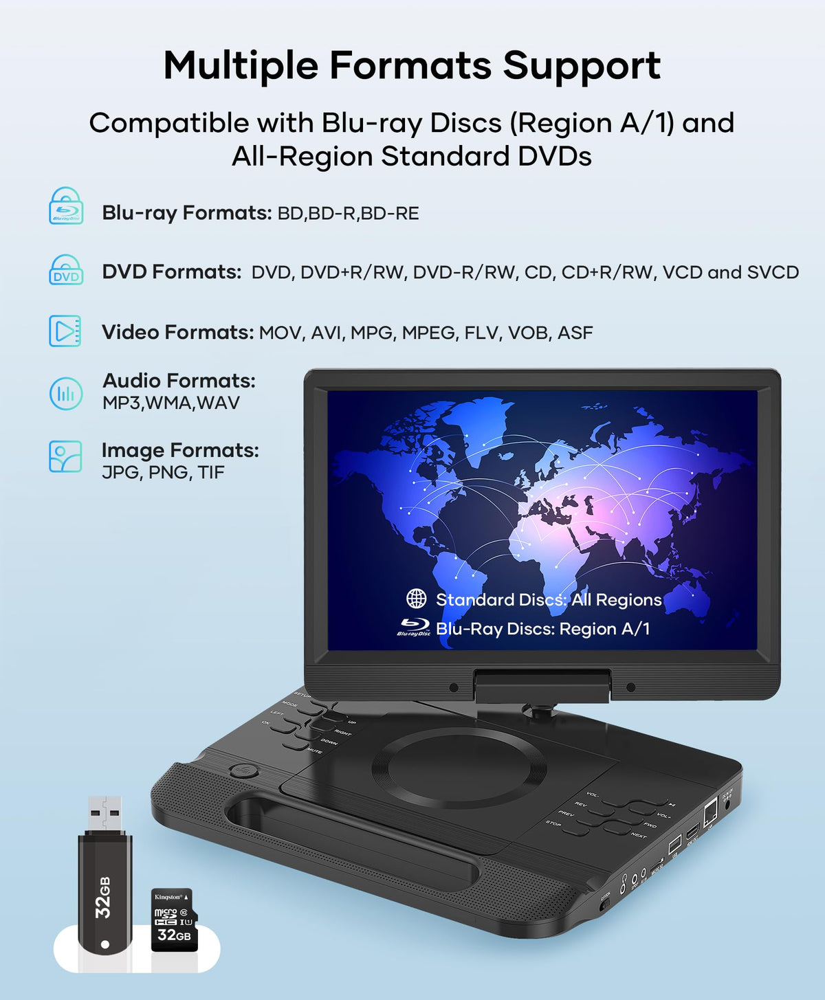 FANGOR Blu-ray/DVD player with HDMI Out for big-screen viewing.