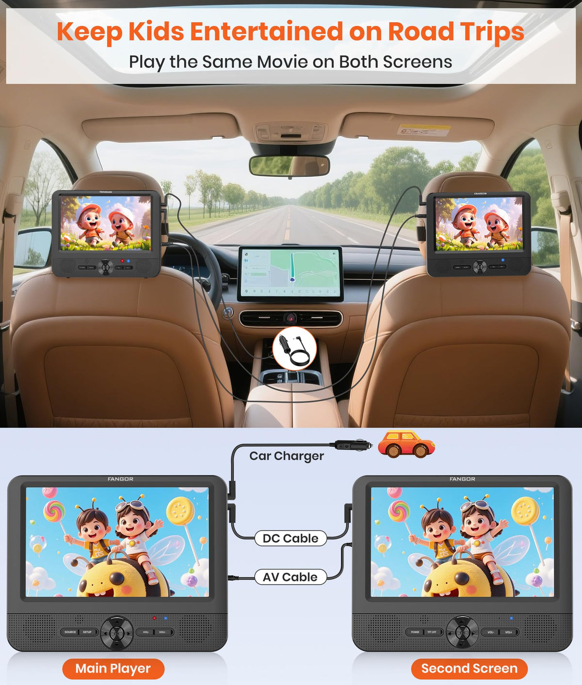 FANGOR dual headrest screen kit arranged for backseat movie viewing